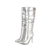 woloong  Silver gold knee high boots women pleated pointed toe thin high heels dres party shoes autumn winter long boots woman