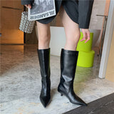 woloong Fashion Women Chelsea Booties Pointed Toe Black/White/Orange Winter Ladies Knee High Boots Woman Thin Low Heels Martin Booties