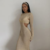 woloong  Autumn Knitted Sexy See Through Long Sleeve Maxi Dress And Sleeveless Short Camisole Women Party Dresses Two Pieces Set