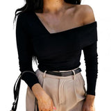 Women Autumn Winter T shirt Off Shoulder Oblique Neck Strapless Backless Long Sleeve Solid Color Ladies Slim Shirt femme