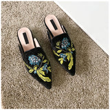 woloong  Spring Women Slipper Embroidery Flower Sandal Shoes Slip On Pointed Toe Mules Low Heel Casual Slides Big Size 41