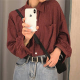 Blouse Women Shirts Turn-down Collar Long Sleeve Plaid Outwear Pocket White Korean Style Students Ulzzang Leisure All-match Chic