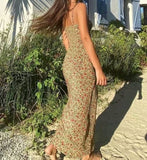 Bohemian Brown Floral Print Backless Sling Dress Summer Holiday Woman Adjust Spaghetti Strap Dresses Beach Holiday