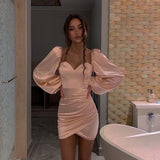 woloong  Long Lantern Sleeve Solid Square Collar Ruched Zip Up Patchwork Mini Dress Spring Summer Women Elegant Partywear Spring  pretty girl outfits