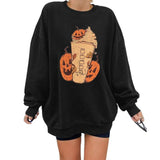 Aieru Y2k Women Halloween Sweatshirt Pumpkin Skeleton Print Round-Neck Pullover Long Sleeves Top Shirt for Girls Black Gothic Clothes