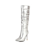 woloong Silver gold knee high boots women pleated pointed toe thin high heels dres party shoes autumn winter long boots woman