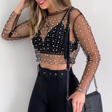 Woloong  See Through Diamond Beads Mesh Women Tops Black Long Sleeve Round Neck Short Tops Women Spring Skinny Fashion Streetwear