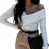 Women Autumn Winter T shirt Off Shoulder Oblique Neck Strapless Backless Long Sleeve Solid Color Ladies Slim Shirt femme