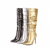 woloong Silver gold knee high boots women pleated pointed toe thin high heels dres party shoes autumn winter long boots woman