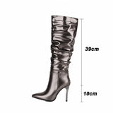 woloong Silver gold knee high boots women pleated pointed toe thin high heels dres party shoes autumn winter long boots woman