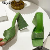 Woloong New Summer CRYSTAL Triangle Thick heel Slippers Sexy Street Woman Square toes Dress Party shoes size 35-41