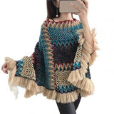 Loose Women Cape Coat Boho Knitted Tassel V Neck Colorful Irregular Hem Autumn Winter Ladies Coat Sweater Cloak Jacket Sweater