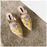 woloong  Spring Women Slipper Embroidery Flower Sandal Shoes Slip On Pointed Toe Mules Low Heel Casual Slides Big Size 41