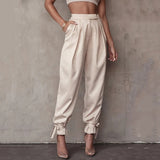 Woloong  Satin Lace Up High Waist Harem Pants Zipper Women Autumn Pleated Loose Pockets Long Trousers Casual Office Ladies Pant