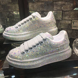 Woloong Aiertu  New Fashion Women Shoes Luxury Sports Shoes Women Designers Leather Shoes Silver Rhinestone Crystal Sneakers Tide