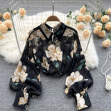 Autumn Puff Sleeve Shirts Blouse Women Floral Long Sleeve Lapel Buttons Vintage Shirts Elegant Blouses Tops Female GD631