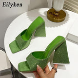 Woloong New Summer CRYSTAL Triangle Thick heel Slippers Sexy Street Woman Square toes Dress Party shoes size 35-41