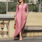 woloong  Women Long Sleeve Long Maxi Dress Summer Vintage Checked Plaid Turn Down Neck Shirt Dresses Button Up Party Vestidos Robe