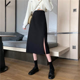 Skirts Women Black High-waist Side-split Midi Skirt Ladies Stretchy Body-con A-line Vintage Elegant All-match Simple Fashion New