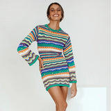 Bohemian Color Block Striped Knit Crochet Sweaters Dress Autumn Women's Long Sleeve Crew Neck Mini Bodycon Dress