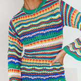 Bohemian Color Block Striped Knit Crochet Sweaters Dress Autumn Women's Long Sleeve Crew Neck Mini Bodycon Dress