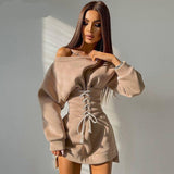 woloong  Women Solid Long Sleeve Off Shoulder Bandage Mini Dress With Corset Set  Autumn Streetwear Outfit Fashion Elegant