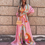 Elegant Deep V Neck Printing Hem Maxi Dresses Women Casual Button Elastic Waist Long Party Dress Summer Loose Slit Beach Dress