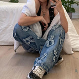 Woloong Patchwork Women's Jeans Y2K Streetwear Baggy Straight Cargo Pants Punk High Waist Wide Leg Denim Trousers 90s Vintage