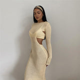 woloong  Autumn Knitted Sexy See Through Long Sleeve Maxi Dress And Sleeveless Short Camisole Women Party Dresses Two Pieces Set