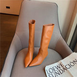woloong Fashion Women Chelsea Booties Pointed Toe Black/White/Orange Winter Ladies Knee High Boots Woman Thin Low Heels Martin Booties