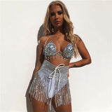 Fashion There 3 Piece Set Women Sexy Halter Shiny Diamante Bra Crop Top High Cut Short Tassel Bandage Skirt Clubwear 3 Pcs Set