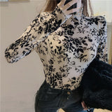 Girls Transparent Flocking Mesh Blouses Shirts Tees Female Turtleneck Sexy Full Sleeve Blouses Tops For Women