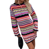 Bohemian Color Block Striped Knit Crochet Sweaters Dress Autumn Women's Long Sleeve Crew Neck Mini Bodycon Dress