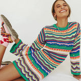 Bohemian Color Block Striped Knit Crochet Sweaters Dress Autumn Women's Long Sleeve Crew Neck Mini Bodycon Dress