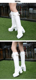 woloong Hot Sale Spring Autumn Lacing Knee High Boots Women Fashion White Square Heel Woman Leather Shoes Winter PU Large Size 43