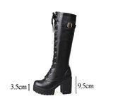 woloong Hot Sale Spring Autumn Lacing Knee High Boots Women Fashion White Square Heel Woman Leather Shoes Winter PU Large Size 43