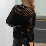 Woloong Sexy Black Women Mesh Sheer Blouses Ladies Long Sleeve Striped Front Hollow Out Transparent Shirts Blusas Mujer Camisas