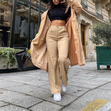 Woloong  High Waist Solid Zip Up Botton Wide Leg Pants Autumn Winter Women Fashion Streetwear Casual Trousers