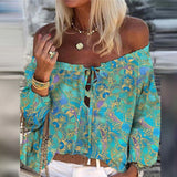 Woloong Elegant Lace-Up Tassel Chic Blouses Shirts  Summer Vintage Floral Print Boho Tops Women Sexy Off Shoulder Flare Sleeve Blusa