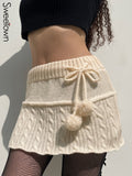 Woloong Knitted Low Waist Y2K Short Skirt Preppy Style Cute Girl Streetwear Aesthetic Fairycore Drawstring Womens Skirts