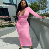woloong  Long Sleeve Square Collar Ribbed Skinny Maxi Dress Summer Autumn Women Fashion Sexy Streetwear Lounghe Wear Y2K