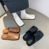 woloong Spring Women Mules Shoes Fashion Brand Square Toe Flat Ladies Slipper Slip On Luxury Slides Party Womens's Shoes
