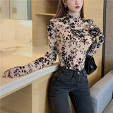 Girls Transparent Flocking Mesh Blouses Shirts Tees Female Turtleneck Sexy Full Sleeve Blouses Tops For Women