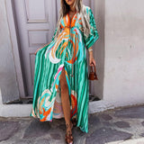 Elegant Deep V Neck Printing Hem Maxi Dresses Women Casual Button Elastic Waist Long Party Dress Summer Loose Slit Beach Dress