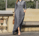 woloong  Women Long Sleeve Long Maxi Dress Summer Vintage Checked Plaid Turn Down Neck Shirt Dresses Button Up Party Vestidos Robe