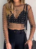 Woloong  See Through Diamond Beads Mesh Women Tops Black Long Sleeve Round Neck Short Tops Women Spring Skinny Fashion Streetwear