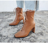 woloong Size 35-42 New Style Square Head Punk Women Ankle Boots Fashion Cross Strap Winter Autumn Zipper High Heels Shoes