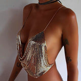 Fantoye Sexy Backless Nightclub Halter Women Camis Tops Gold Metal Chain Fashion Camis Tops Ladies Autumn Skinny Party Clubwear