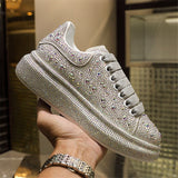 Woloong Aiertu  New Fashion Women Shoes Luxury Sports Shoes Women Designers Leather Shoes Silver Rhinestone Crystal Sneakers Tide