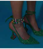woloong Sequined Crystal Women Pumps Sexy Ankle strap Cross-tied High heels wedding Shoes Fashion Slingbacks Summer Party Prom Shoes